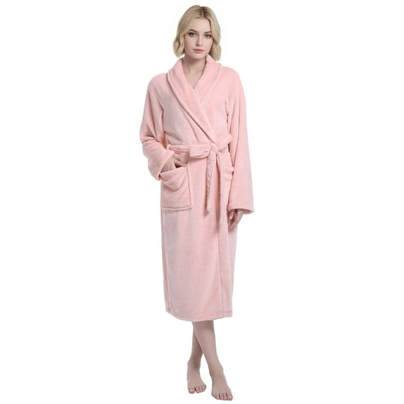 Enwphrey Pink Women Robe Soft Cozy Warm Bathrobe Ladies Long Fleece Plush Comfy Spa Housecoat Lightweight Robe for Women (S-M, Light Pink)