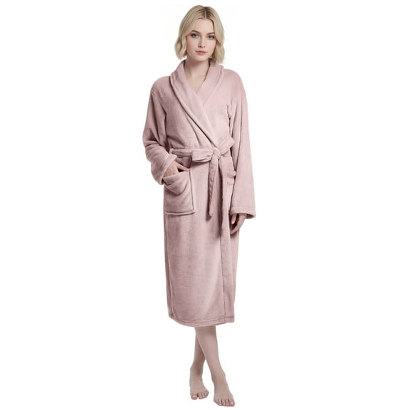 Enwphrey Taupe Women Robe Soft Cozy Warm Bathrobe Ladies Long Fleece Plush Comfy Spa Housecoat Lightweight Robe for Women (S-M, Taupe)