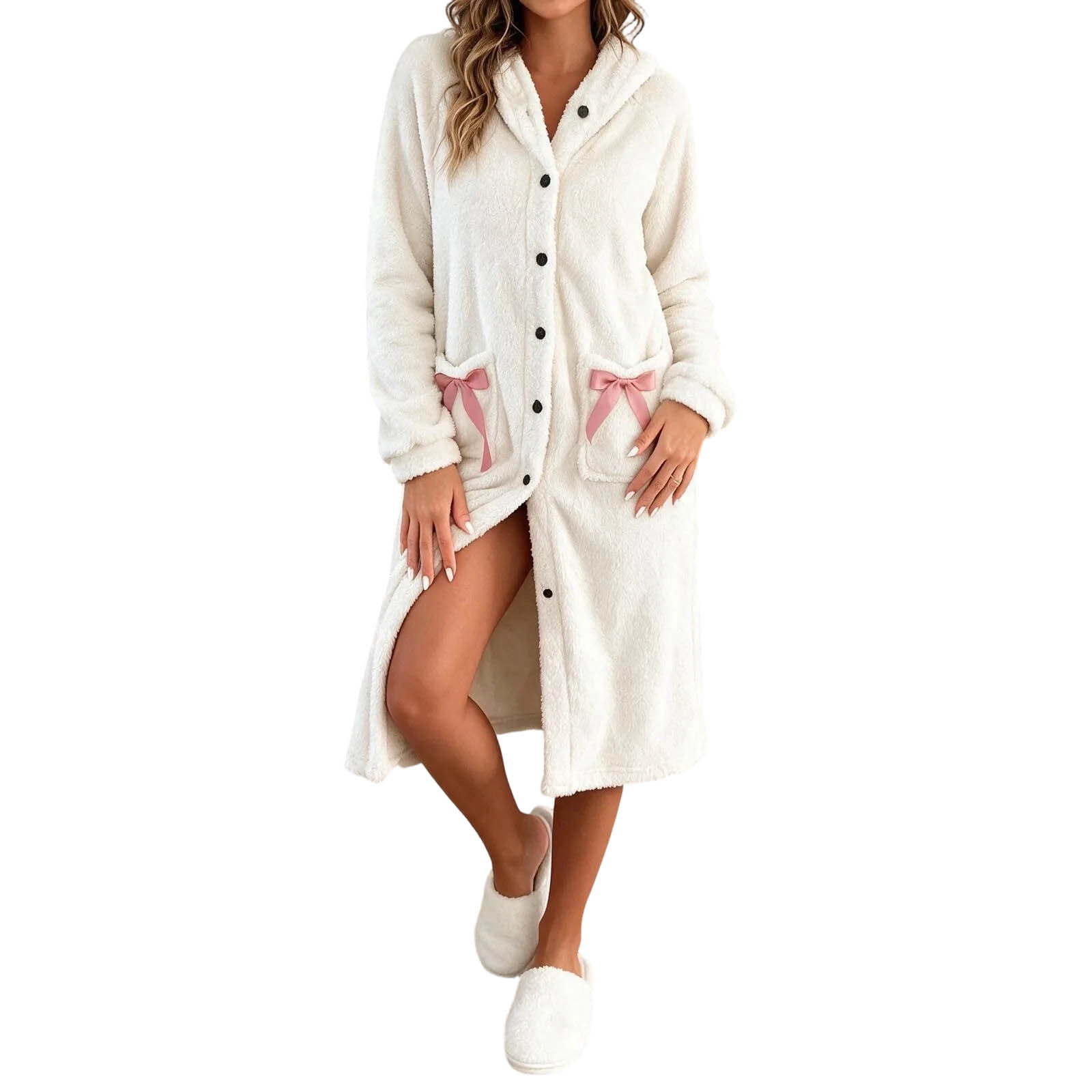 EnxRiUER Long Robe for Womens Button up Hooded Fleece Bathrobe Solid ...