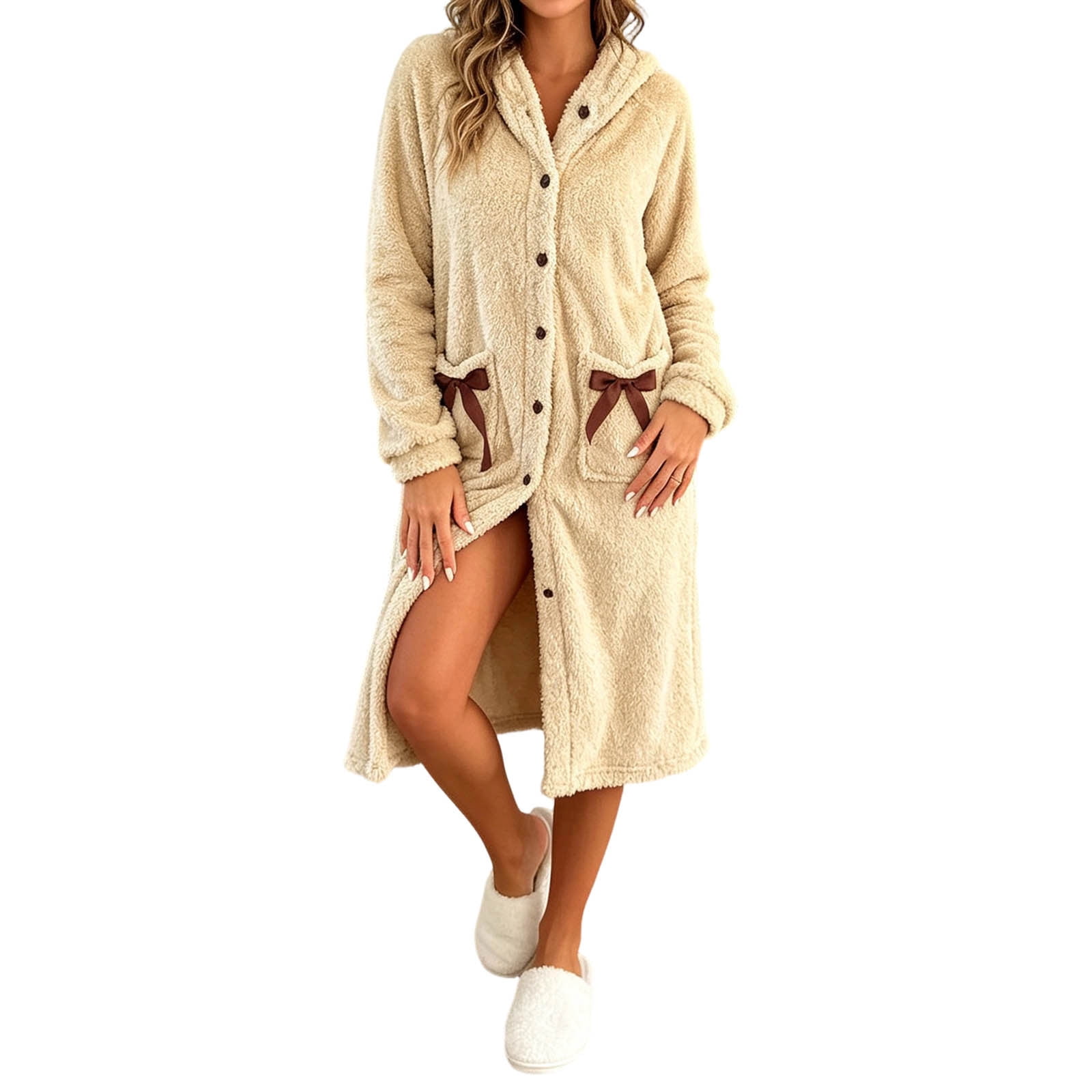 EnxRiUER Long Robe for Womens Button up Hooded Fleece Bathrobe Solid ...