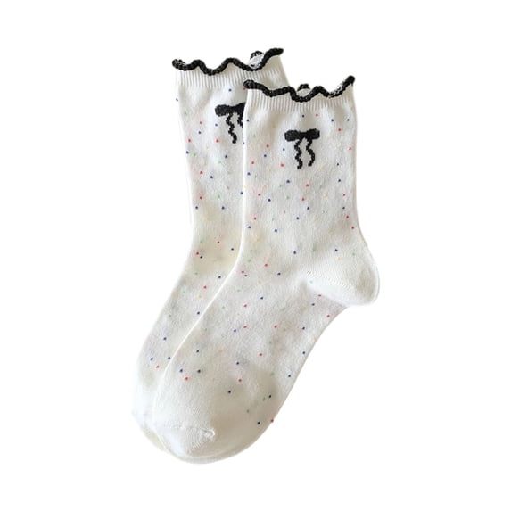 EnxRiUER Womens Ruffled Socks Cute Bow Printed Mid-Tube Socks Daily Wear Frilly Socks