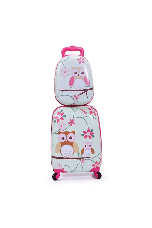Enxing Mall 2 PCS Kids Luggage Set, 12" Backpack and 16" Spinner Case with 4 Universal Wheels, Travel Suitcase for Boys Girls, Pink with Animal Patterns