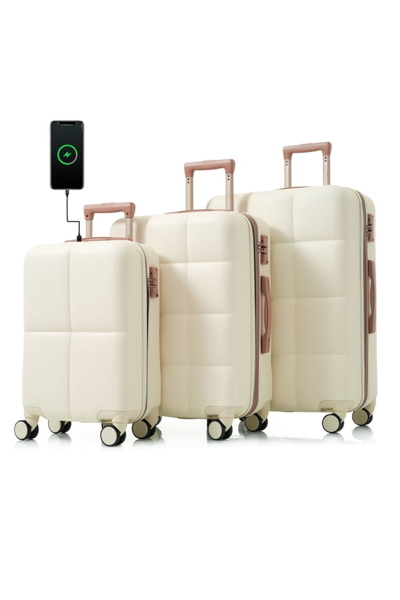 Enxing Mall Luggage Set of 3, 20-inch with USB Port, Airline Certified Carry-on Luggage with Cup Holder, ABS Hard Shell Luggage with Spinner Wheels, white
