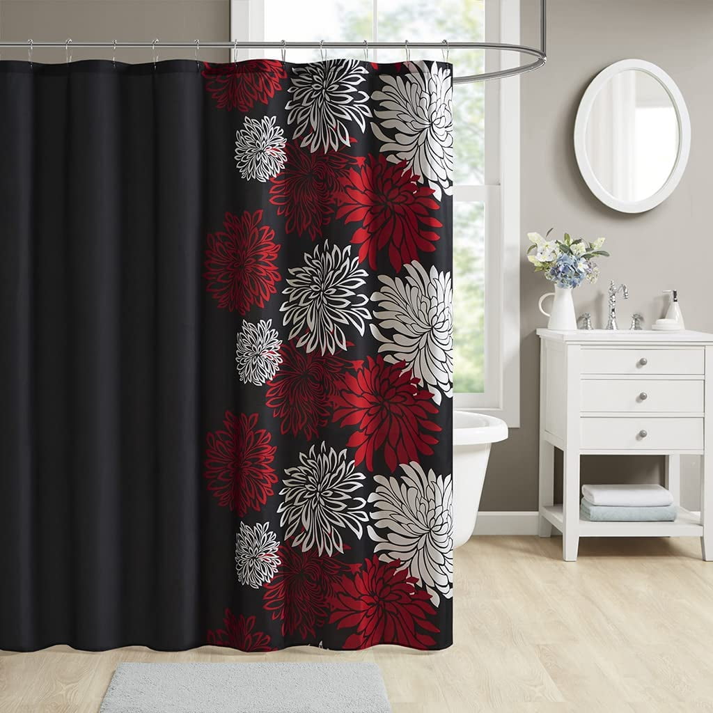 Red and Black Floral Microfiber Shower Curtain