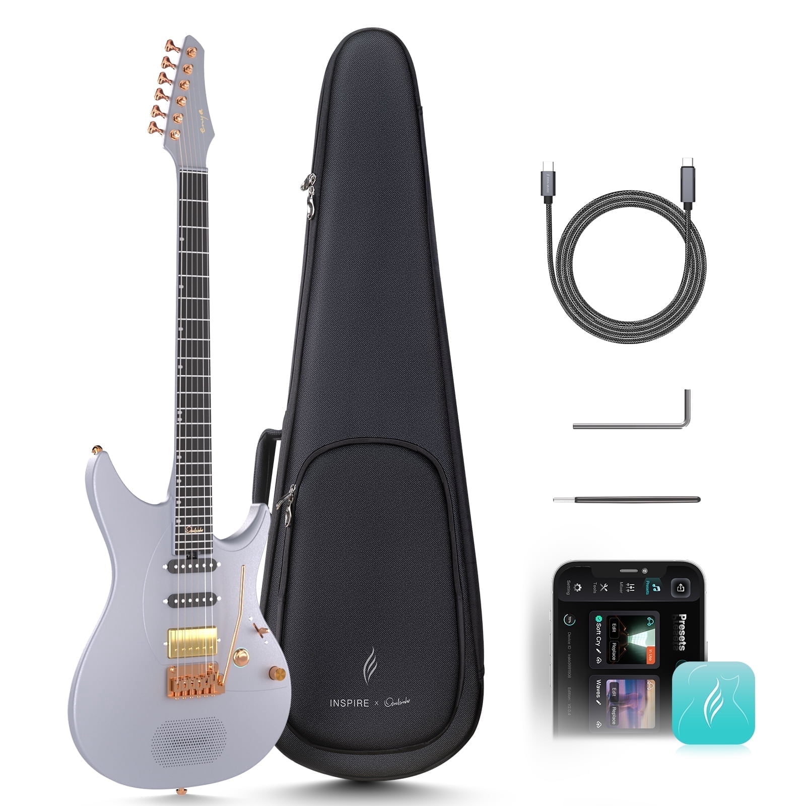 Enya Electric Guitar Inspire 39" Smart Electric Carbon Fiber Guitarra with 15W Wireless Speaker, 20 Distinct Tones, Onboard Presets, Charging Cable, Adjusting Wrench, and Gig Bag