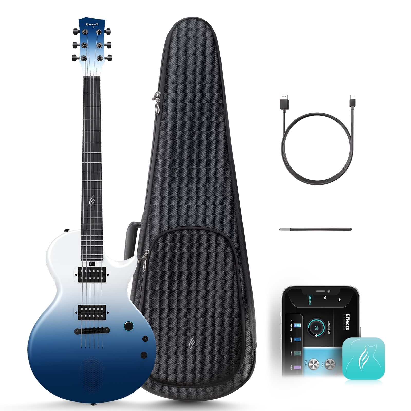 Enya Electric Guitar Nova Go Sonic Smart Electric Carbon Fiber Guitarra with 10W Wireless Speaker, Onboard Presets, Charging Cable, Adjusting Wrench, and Gig Bag