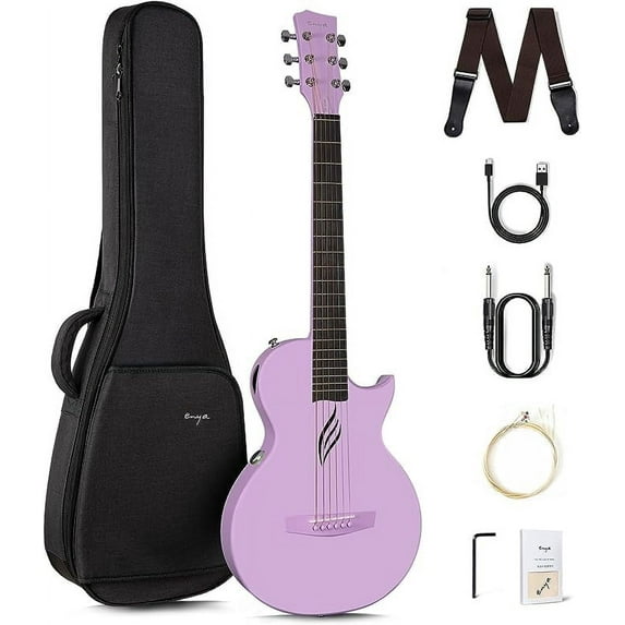 Enya NOVA Go SP1 Carbon Fiber Acoustic Electric Guitar with Smart AcousticPlus 35 Inch Travel Acustica Guitarra Starter Bundle Kit of Gig Bag, Strap, Strings, Charging Cable, Instrument Cable(Purple)