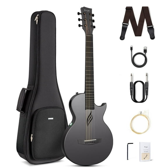 Enya NOVA Go SP1 Carbon Fiber Acoustic Electric Guitar with Smart AcousticPlus 35 Inch Travel Acustica Guitarra Starter Bundle Kit of Gig Bag, Strap, Strings, Charging Cable, Instrument Cable(Black)