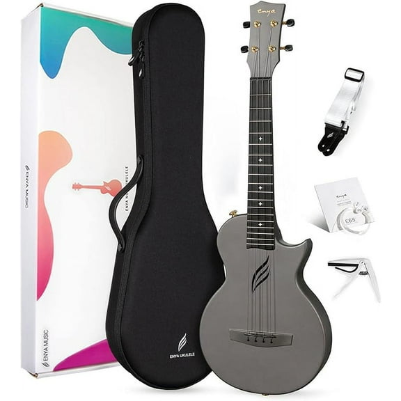 Enya Tenor Ukulele 26 Inch Carbon Fiber Cutaway Travel Ukelele for Adult with Beginner Bundle Kit Including Case, Strap, Capo and StringsNova U Pro Black