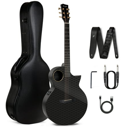 Enya X4 PRO Leather Strap Acoustic Electric Guitars with Hard Case, Carbon Fiber Black