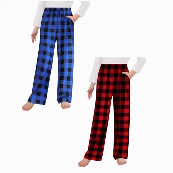 Enyan 2 Packs Plaid Pajama Pants Girls Soft Thick Flannel Elastic Waist Sleep Pant Teen Kid Girls Sleepwear Loungewear
