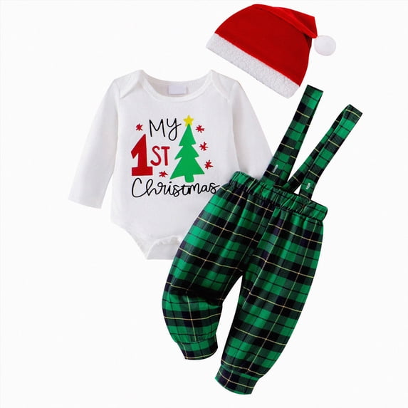 Enyan Baby Boy Christmas Outfit My First Christmas Long Sleeve Letter Romper+ Suspender Pants+ Santa Hat 3Pcs Clothes Set(Dark Green,6-9 Months)