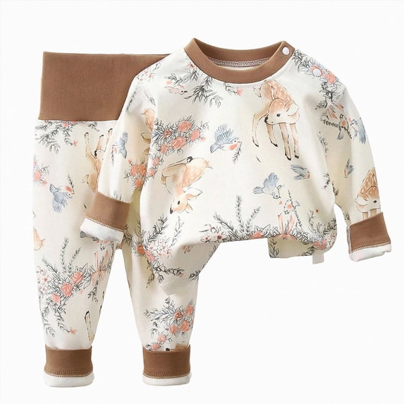 Enyan Baby Boys Fall Winter Outfit Long Sleeve Cute Cartoon Print Top and Relaxed Fit Pant 2Pcs Set Toddler Boy Clothes(Brown,2-3 Years)