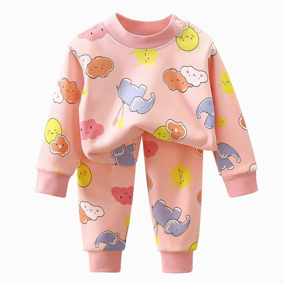 Enyan Baby Boys Fall Winter Outfit Long Sleeve Cute Cartoon Print Top and Relaxed Fit Pant 2Pcs Set Toddler Boy Clothes(Light Pink,9-12 Months)