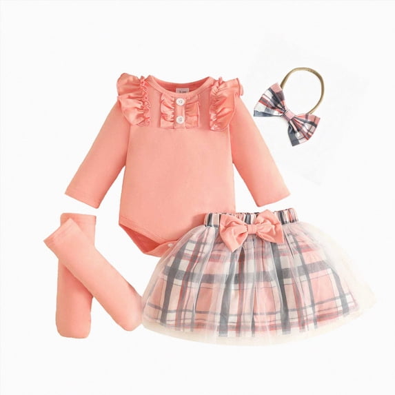 Enyan Baby Girl Clothes Newborn Fall Winter Outfit Ruffled Long Sleeve Romper Lace Dress Headband Stocking 4Piece Skirt Set 0-18 Months Pink,9-12 Months