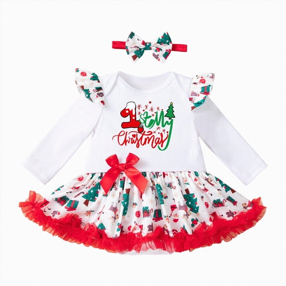 Enyan Baby Girls My First Christmas Outfit Newborn Infant 1st Xmas Princess Tutu Romper Dress + Headband 2Pcs Clothing Set
