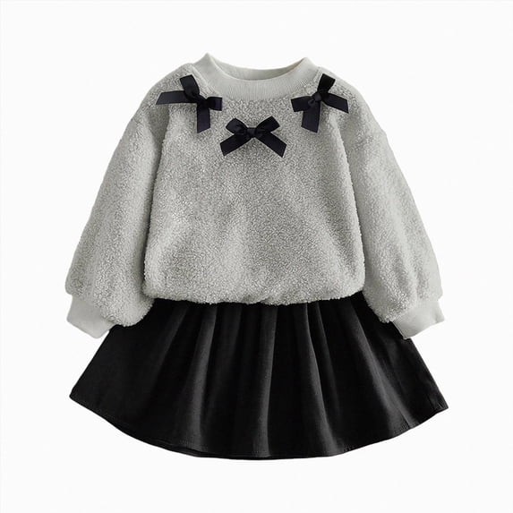 Enyan Girl's Cute 2 Piece Outfits Sherpa Fleece Bow Sweatshirt and A Line Flare Skirt Set,4 Years