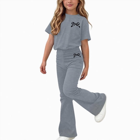 Enyan Girls Clothes Short Sleeve Graphic Tee and Cargo Pants Set Summer Casual 2-Piece Outfit,10-11 Years