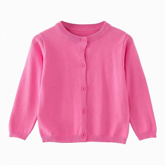 Enyan Girls Crewneck Cardigan Long Sleeve Children Button Cotton Sweater Uniform Sweaters for Little Girl(Hot Pink,6-7 Years)