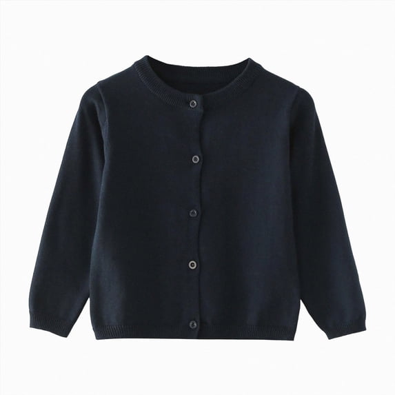 Enyan Girls Crewneck Cardigan Long Sleeve Children Button Cotton Sweater Uniform Sweaters for Little Girl(Navy,4-5 Years)