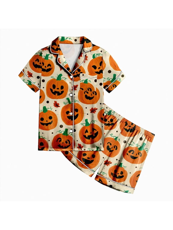 Girls Halloween Pajamas 2 Piece Cute Pumpkin/Ghost Print Pajama Short Sleeve Kid Pjs Set Girl Halloween Pajamas(2-3 Years)