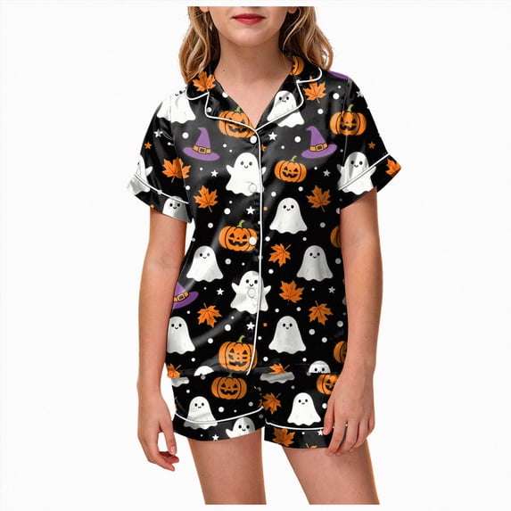 Enyan Girls Halloween Pajamas 2 Piece Cute Pumpkin/Ghost Print Pajama Short Sleeve Kid Pjs Set Kids Pajamas Girls(8-9 Years)