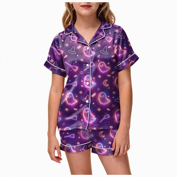 Enyan Girls Halloween Pajamas 4 Piece Cute Pumpkin/Ghost Print Pajama Short Sleeve Kid Pjs Set Pajamas for Girls(10-11 Years)