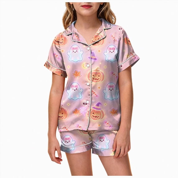 Enyan Girls Halloween Pajamas Pumpkin/Ghost Tops Short Sleeve Cute Sleepwear Loungewear Set 4Pcs Kids Halloween Pajamas Girls(8-9 Years)