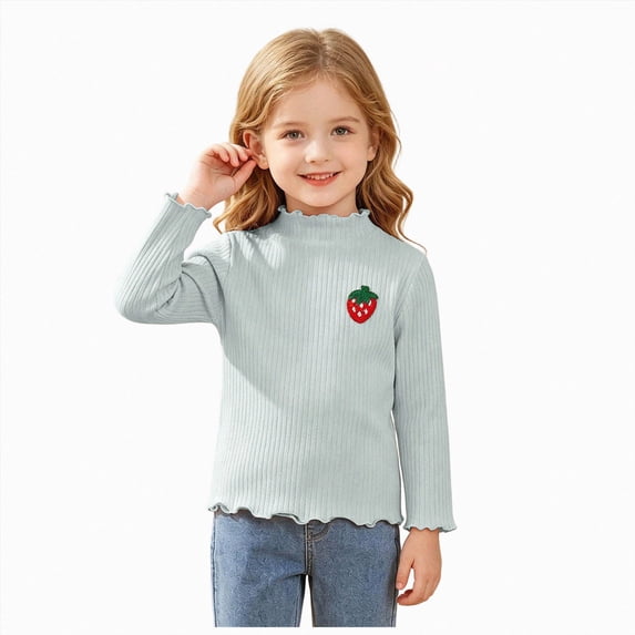 Enyan Girls Tee Shirt Mock Neck Long Sleeve Strawberry Embroidered Toddler Tops for Fall Winter(4-5 Years)