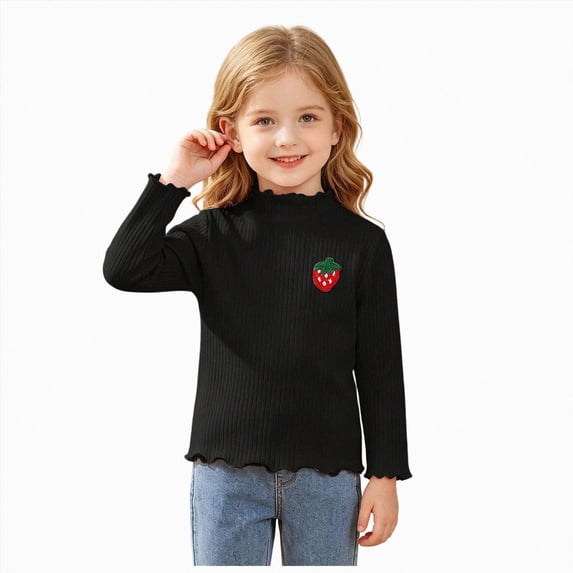 Enyan Girls Tee Shirt Mock Neck Long Sleeve Strawberry Embroidered Toddler Tops for Fall Winter(4-5 Years)