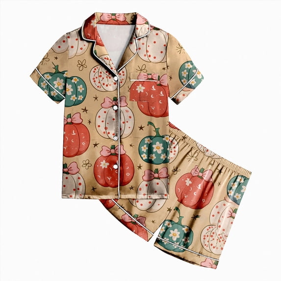 Enyan Halloween Pajamas Girls 2 Piece Pumpkin Ghost Sleepwear Short Sleeve Jammies for Kids Button-Down Nightwear Kids Pajamas Girls(10-11 Years)