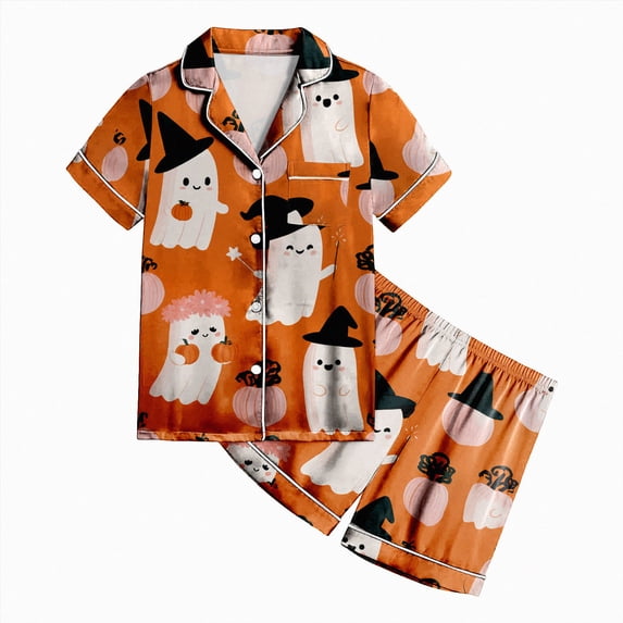 Enyan Halloween Pajamas Girls 2 Piece Pumpkin Ghost Sleepwear Short Sleeve Jammies for Kids Button-Down Nightwear Kids Pajamas Girls(4-5 Years)