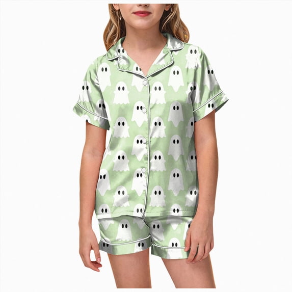 Enyan Halloween Pajamas Girls Pumpkin/Ghost Sleepwear Set Short Sleeve Kid Loungewear Pjs 2-Piece Set Girls' Pajama Sets(12-13Years)
