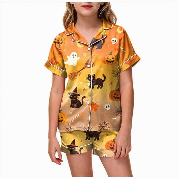 Enyan Halloween Pjs Girls Pumpkin/Ghost Sleepwear Set Short Sleeve Kid Loungewear Pjs 3-Piece Set Kids Pajamas Girls(12-13 Years)