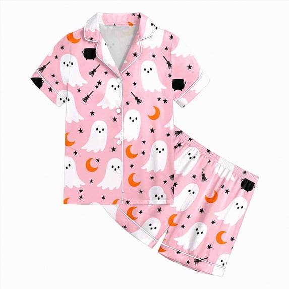 Enyan Halloween Pjs Girls Pumpkin/Ghost Tops Short Sleeve Cute Sleepwear Loungewear Set 2Pcs Halloween Pajamas for Girls(10-11 Years)