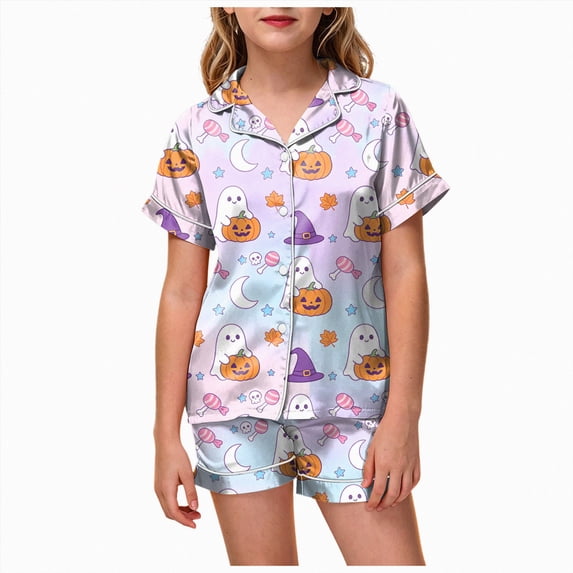 Enyan Halloween Pjs Girls Pumpkin/Ghost Tops Short Sleeve Cute Sleepwear Loungewear Set 4Pcs Girls Pjs(4-5 Years)