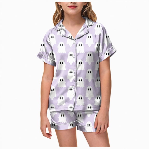 Enyan Halloween Pjs Girls Short Sleeve Crewneck Cute Pumpkim/Ghost Print Shirt Set 3 Piece Sleepwear Loungewear Kids Pajamas Girls(4-5 Years)
