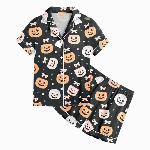 Enyan Halloween Pjs Girls Short Sleeve Pumpkin/Ghost Pjs Set Kid Toddler Jammies Sleepwear Loungewear Set Halloween Pajamas Girl(8-9 Years)