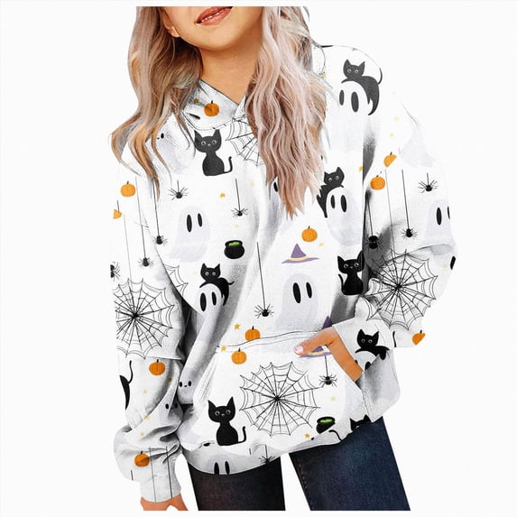 Enyan Halloween Sweatshirt Kids Kid Cute Spooky Season Graphic Tees Long Sleeve Funny Cartoon Little Girls Halloween Shirts(Size 9-10 Years)