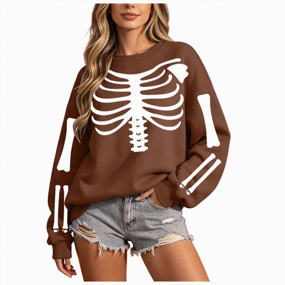 Enyan Halloween Sweatshirt Spooky Skeleton Graphic Shirts Fall Long Sleeve Autumn Tops Halloween Womens Shirt Brown,XL