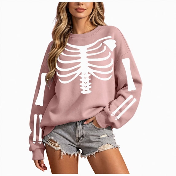 Enyan Halloween Sweatshirt for Women Spooky Skeleton Graphic Shirts Fall Long Sleeve Autumn Tops Halloween Shirts for Women Pink,XL