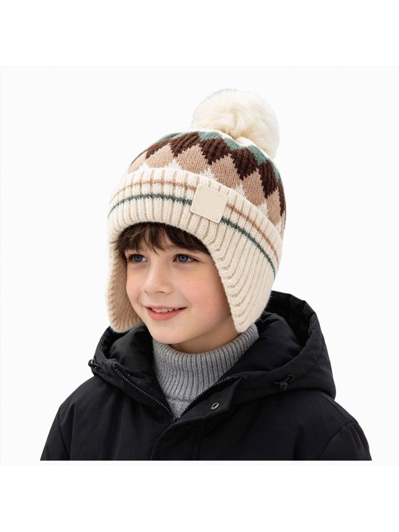 Kids Boys Girls Winter Knit Hats Fleece Lining Skiing Caps with Warm Ear Flap