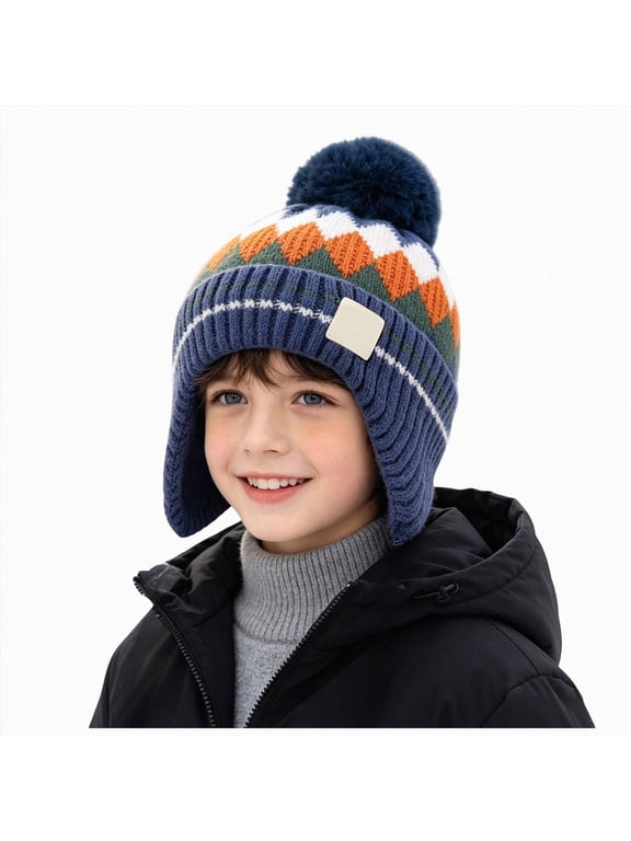 Kids Boys Girls Winter Knit Hats Fleece Lining Skiing Caps with Warm Ear Flap
