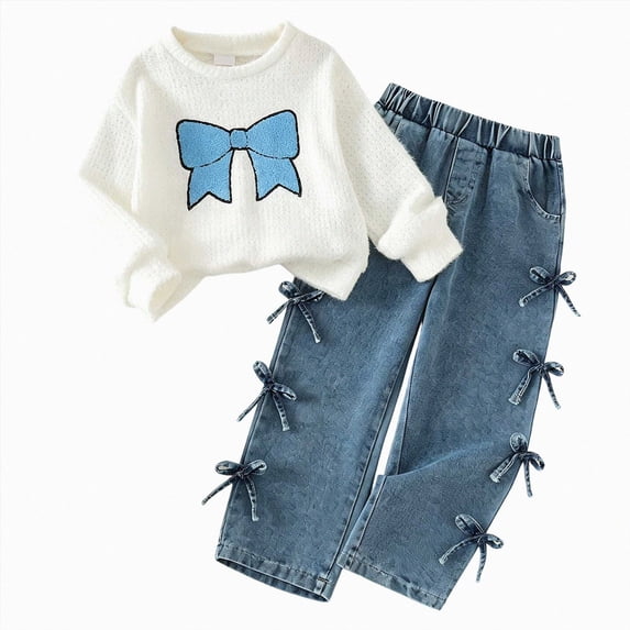 Enyan Kids Clothes Girls 2pcs Fall Winter Outfits Cute Sweater Bowknot Long Sleeve Bowknot Top + Denim Pants Set