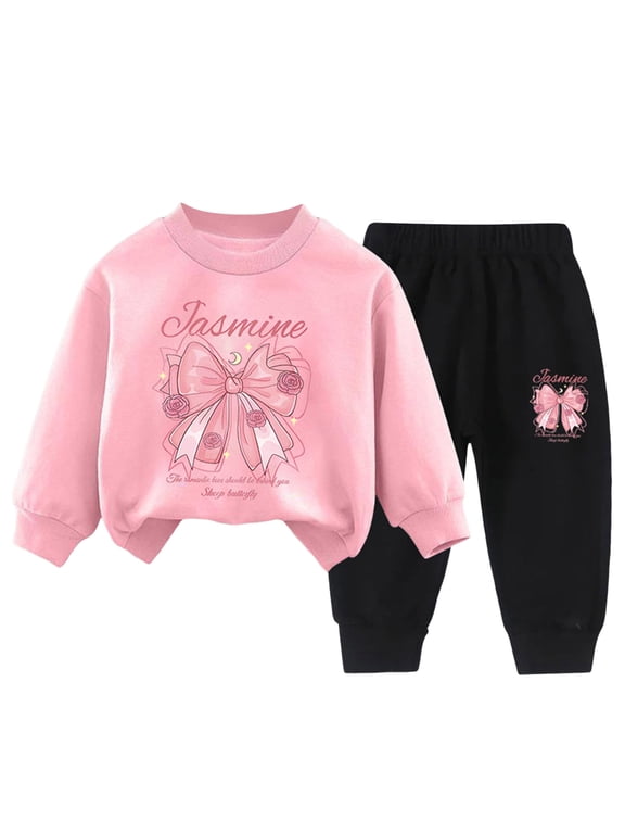 Kids Girls Clothes Size 3T 4T 5T 6T 7T Long Sleeve Bowknot Graphic Sweatshirt+Pant Set 2Pcs Little Girl Outfit