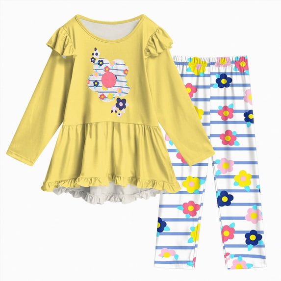 Enyan Little Girl 2-Piece Outfit for Fall Winter Long Sleeve Ruffle Graphic T-Shirt Top+Casual Pant Set 5T 6T 7T 8T Kid Girls Clothes