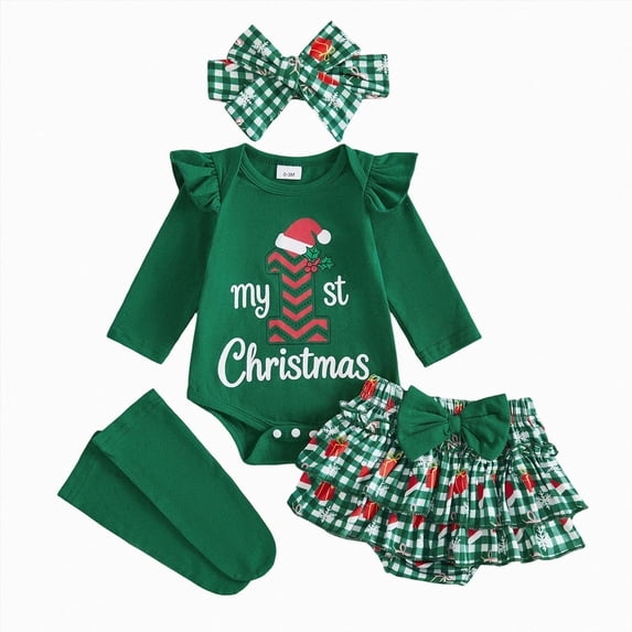 Enyan My First Christmas Baby Girl Outfit Newborn Infant Girl Long Sleeve Top Tutu Dress Headband and Socks 4PCS Clothes Set