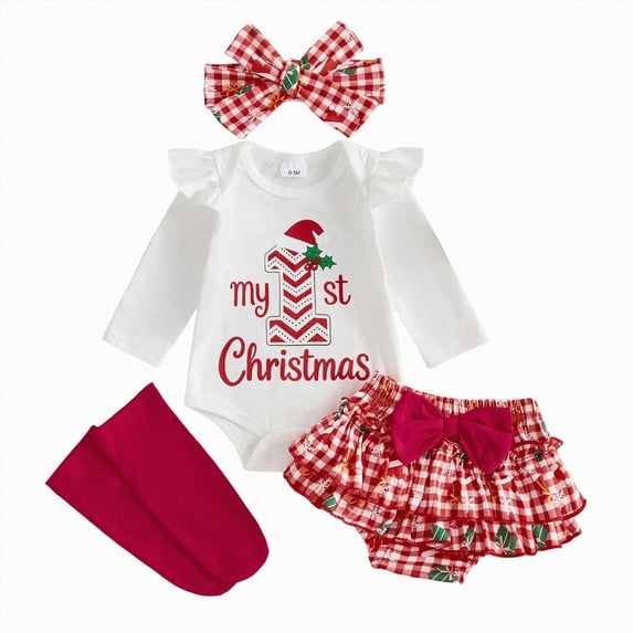 Enyan My First Christmas Baby Girl Outfit Newborn Infant Girl Long Sleeve Top Tutu Dress Headband and Socks 4PCS Clothes Set