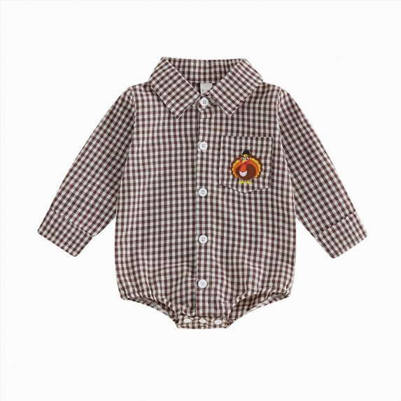 Enyan Newborn Baby Boy Halloween Clothes Plaid Polo Shirt Long Sleeve Pumpkin Print Romper Cute Collared Bodysuit(Coffee,12-18 Months)