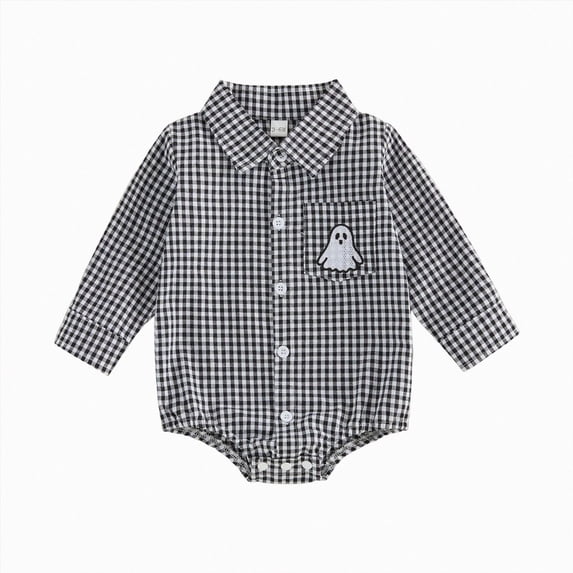 Enyan Newborn Baby Boy Halloween Clothes Plaid Polo Shirt Long Sleeve Pumpkin Print Romper Cute Collared Bodysuit(Grey,0-3 Months)